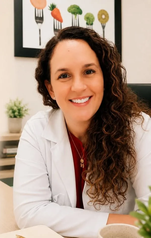 Lindsay Ribeiro de jaleco, sorrindo, sentada à mesa do consultório